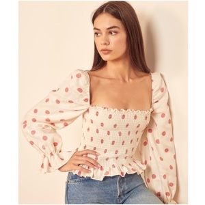 REFORMATION Tangerine Polka Dot Linen Top
